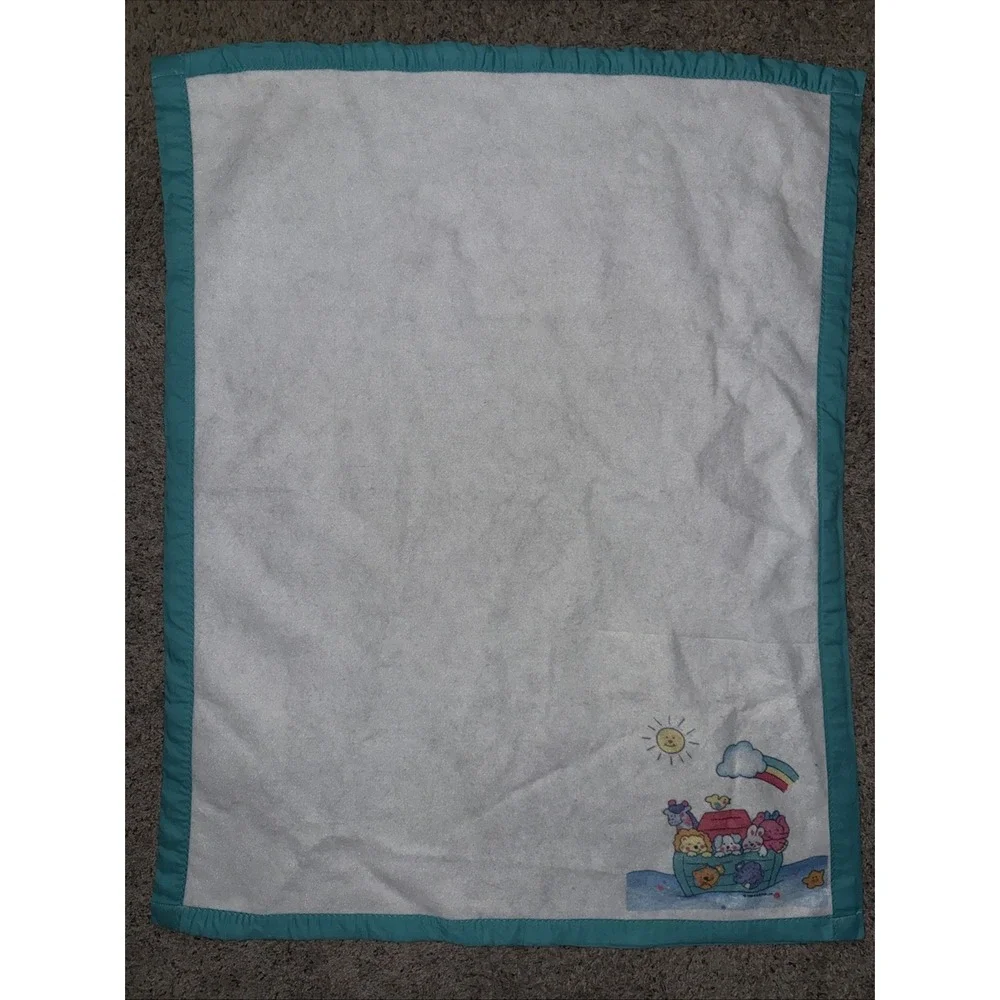 Vintage 1994 Riegel White Baby Blanket Animals Noah's Ark Turquoise Nylon‎ Trim